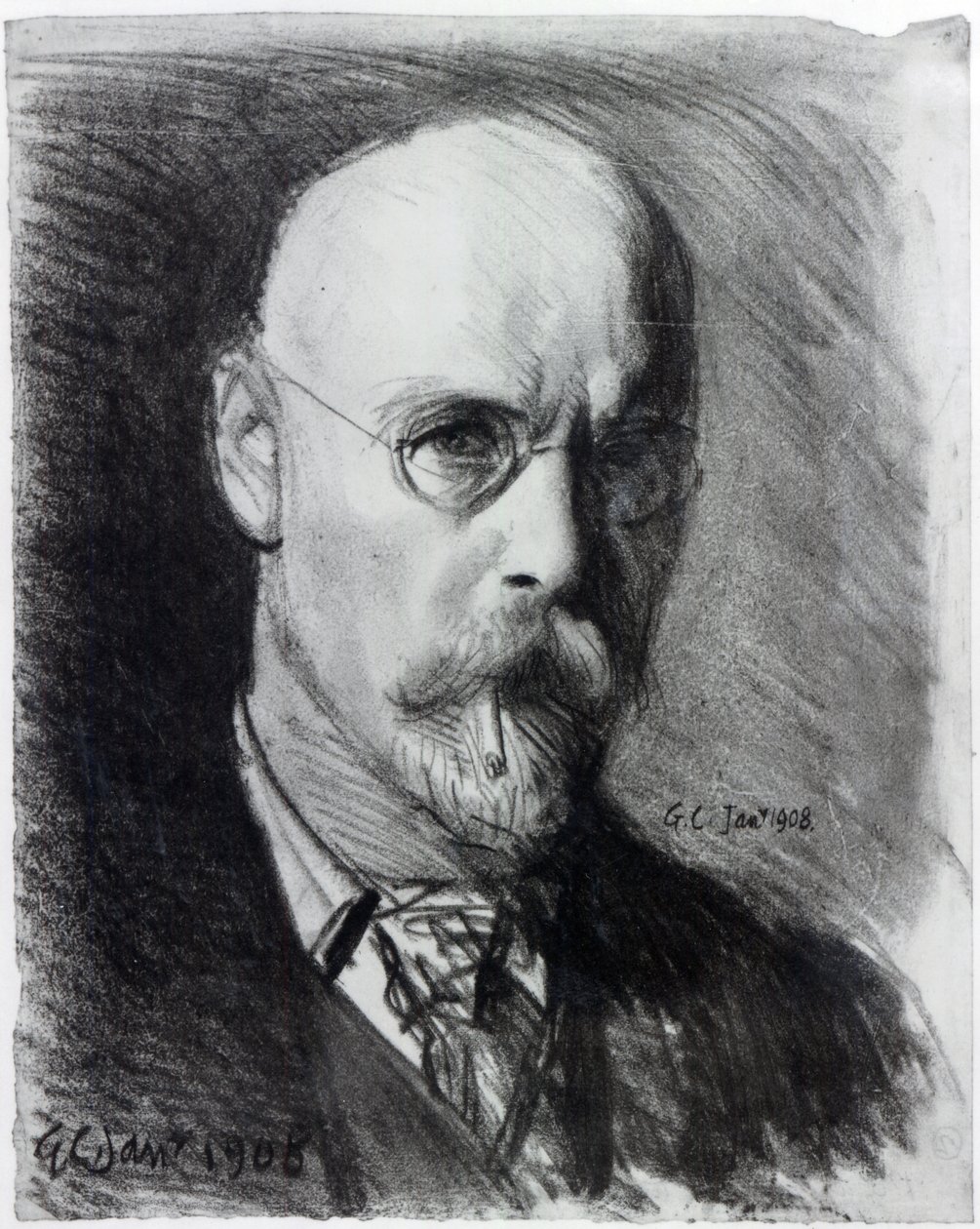 Självporträtt, 1908 (träkol på papper) av George Clausen