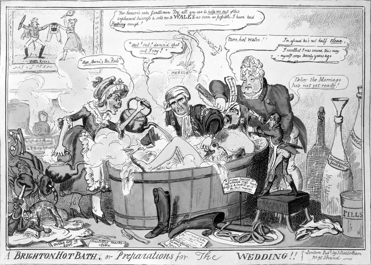 Ett varmt bad i Brighton, eller förberedelser för bröllopet, 1816 av George Cruikshank