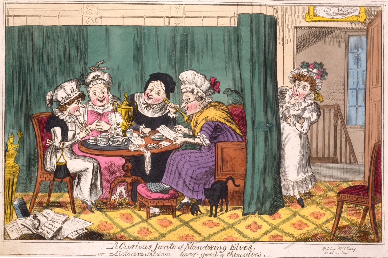A Curious Junto of Slanding Alves, eller, Lyssnare hör sällan gott om sig själva, 1817 (handfärgad gravyr) av George Cruikshank
