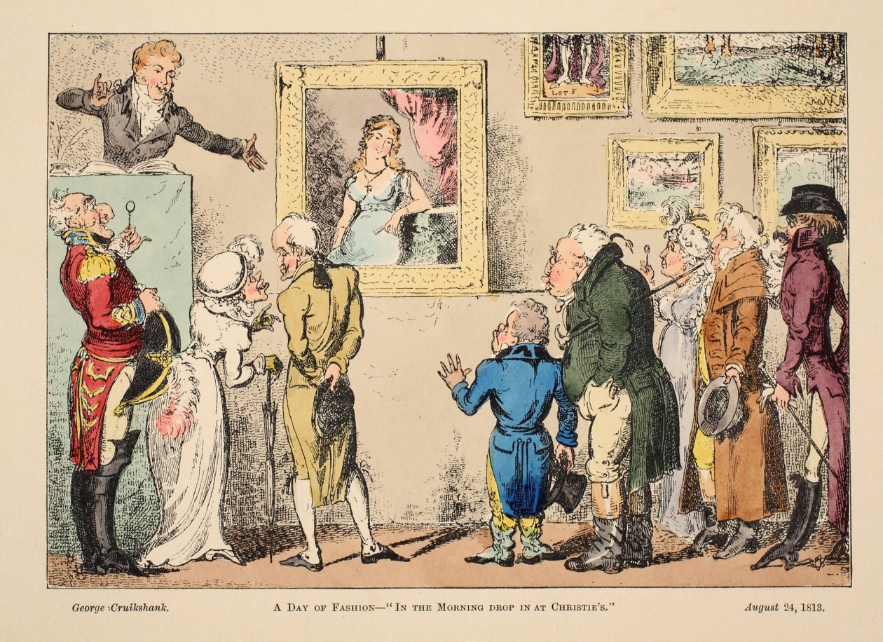 En dag med mode - på morgonen på Christies, pub. 1813 (handkolorerat gravyr) av George Cruikshank