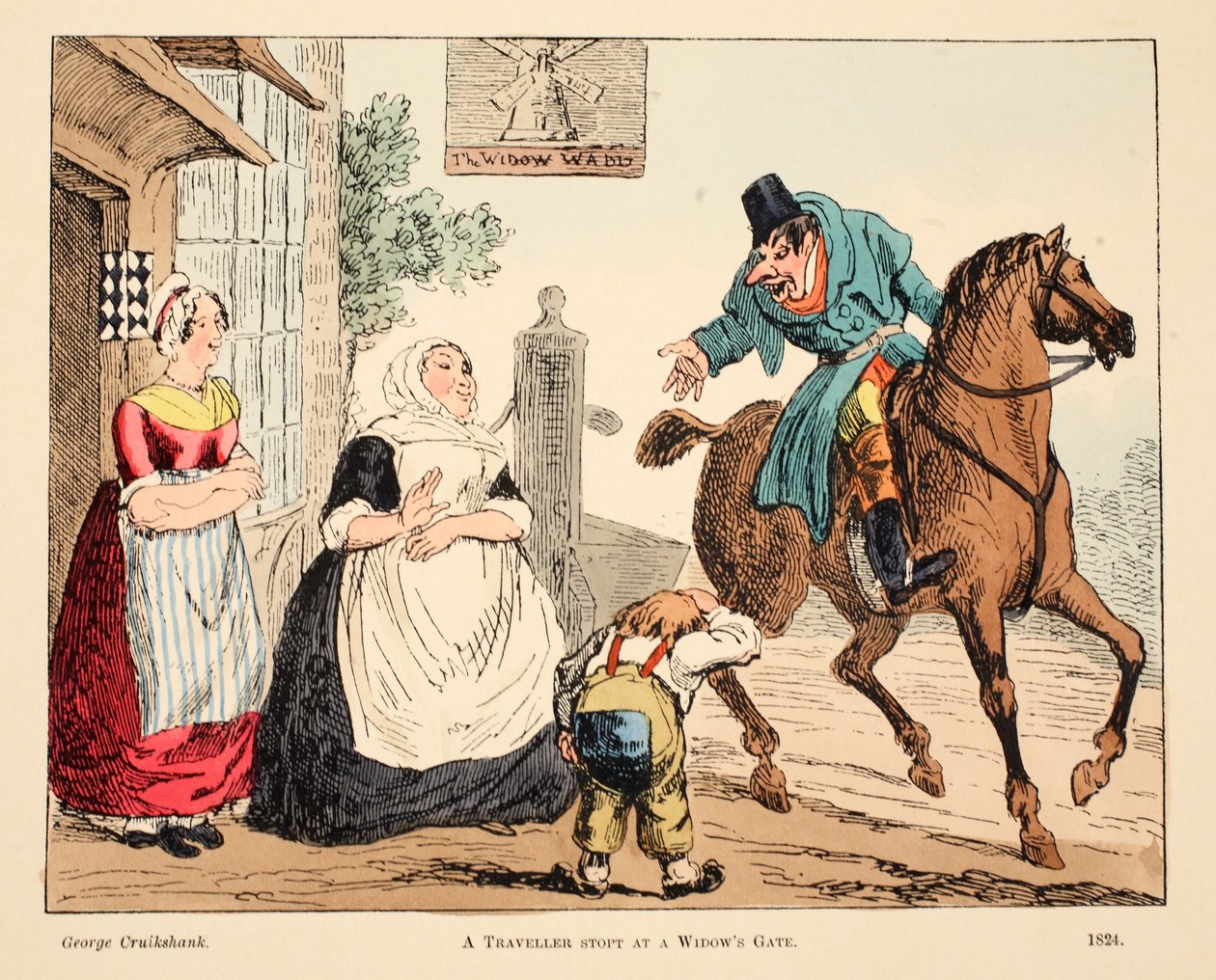 En resenär stannar vid en änkans port, pub. 1824 (handfärgad gravyr) av George Cruikshank