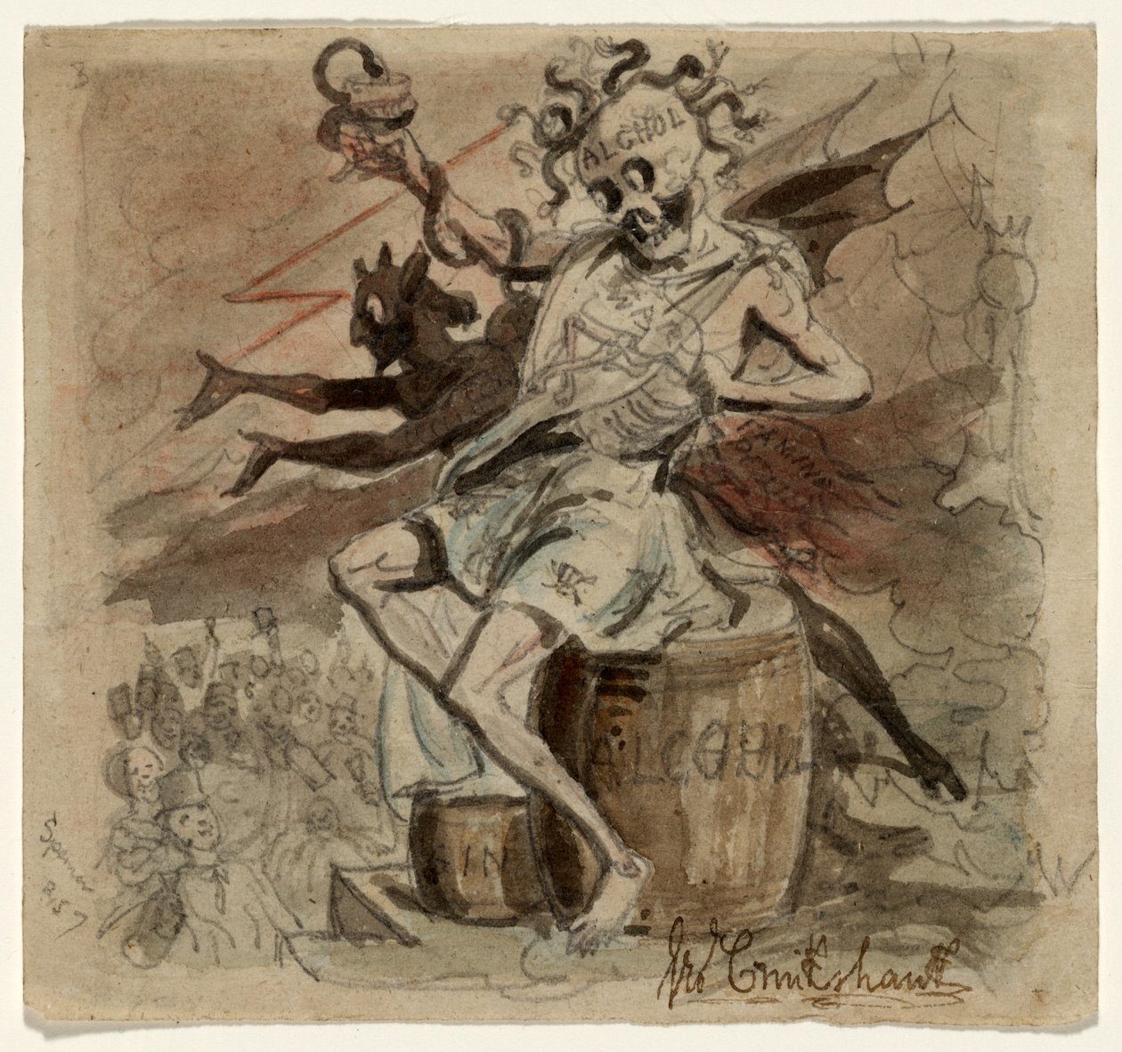 Alkohol, döden och djävulen, 1830 (wc på papper) av George Cruikshank