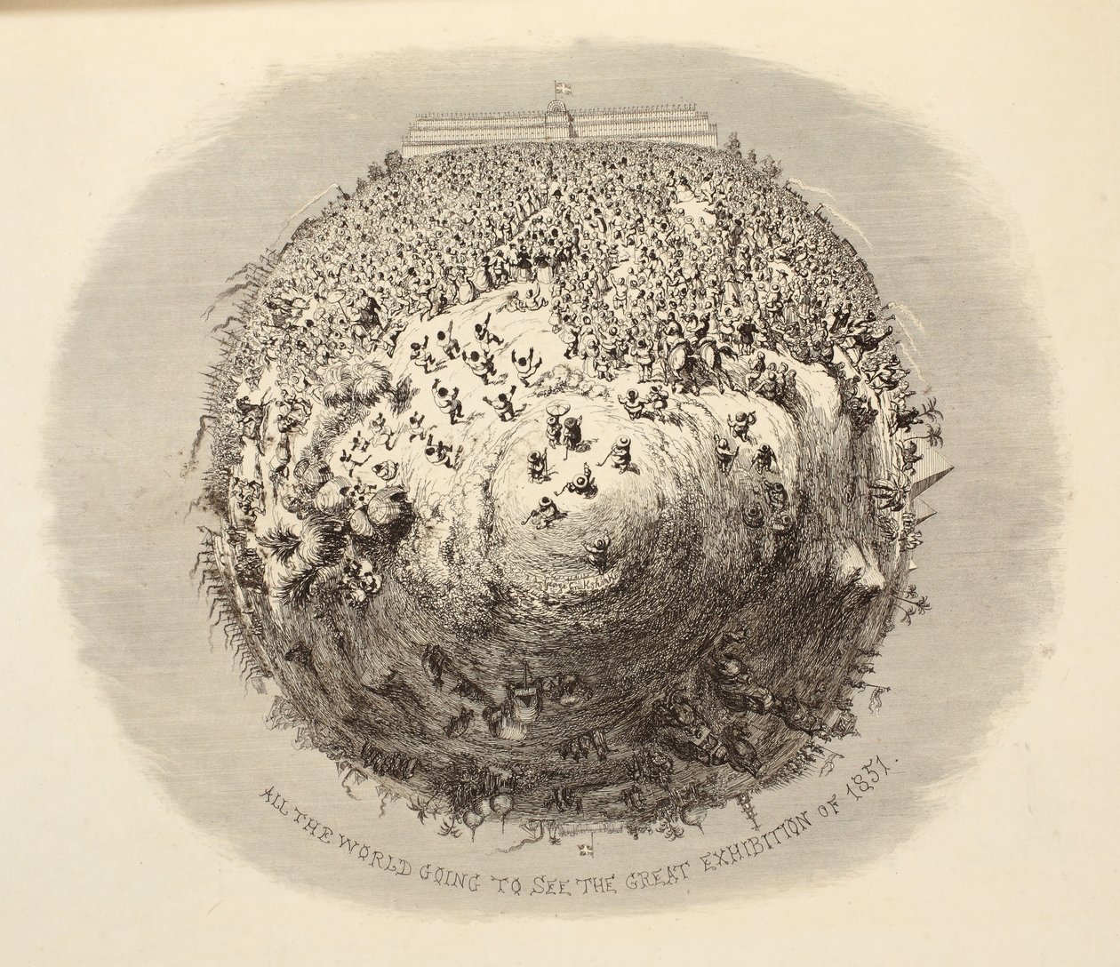 Hela världen kommer att se den stora utställningen 1851, från 1851 eller The Adventures of Mr & Mrs Sandboys och familj som kom upp till London för att roa sig och se den stora utställningen, pub. 185 av George Cruikshank