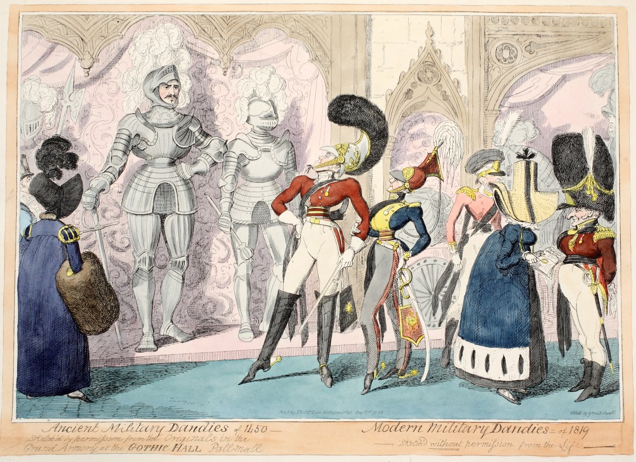 Gamla militärdandyer från 1450, moderna militärdandyer från 1819, 1835 (handkolorerat gravyr) av George Cruikshank