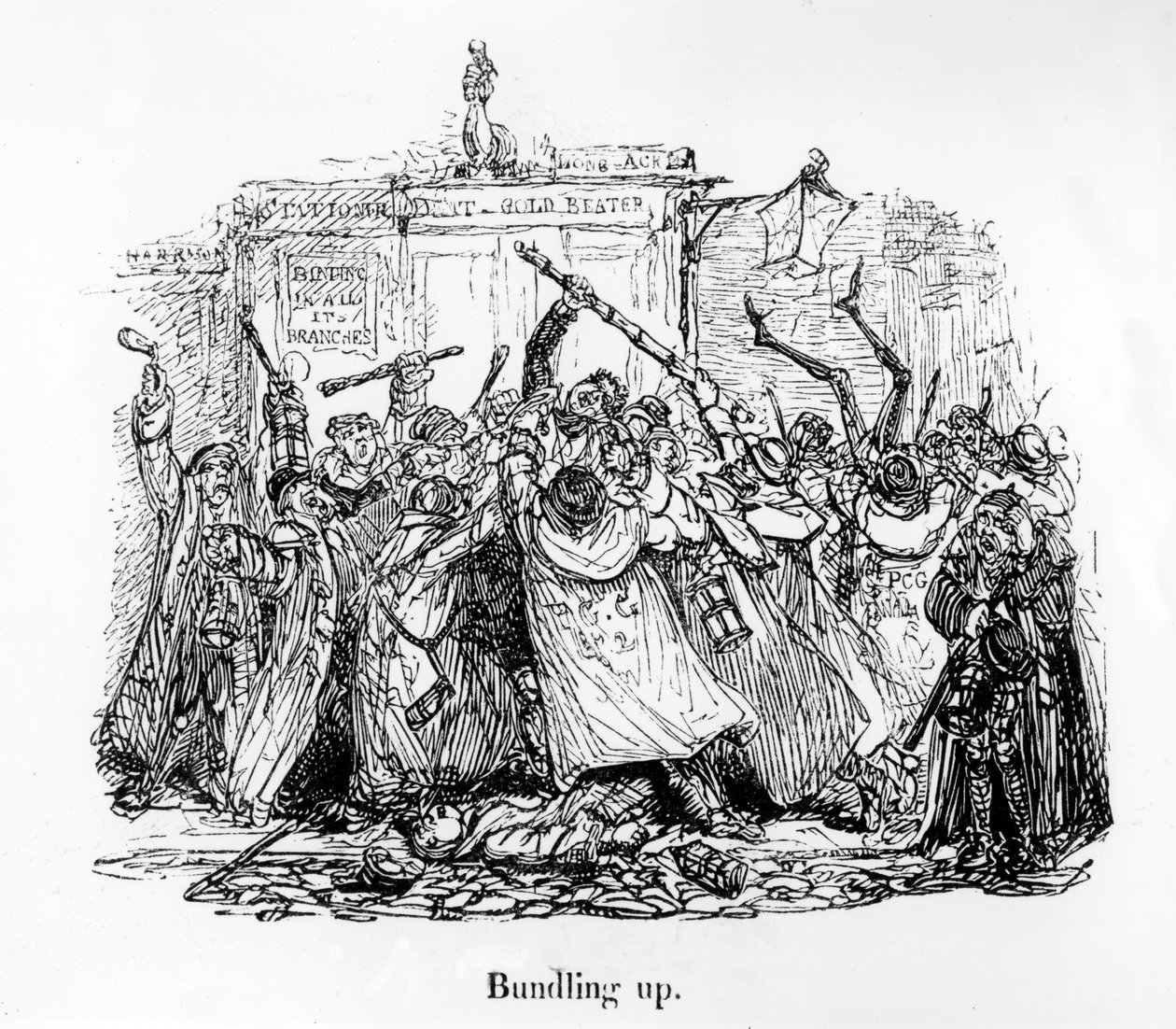 Bundling Up, illustration från "Mornings at Bow Street": A Selection of the Most Humorous and Entertaining Reports which Have Appeared in the 