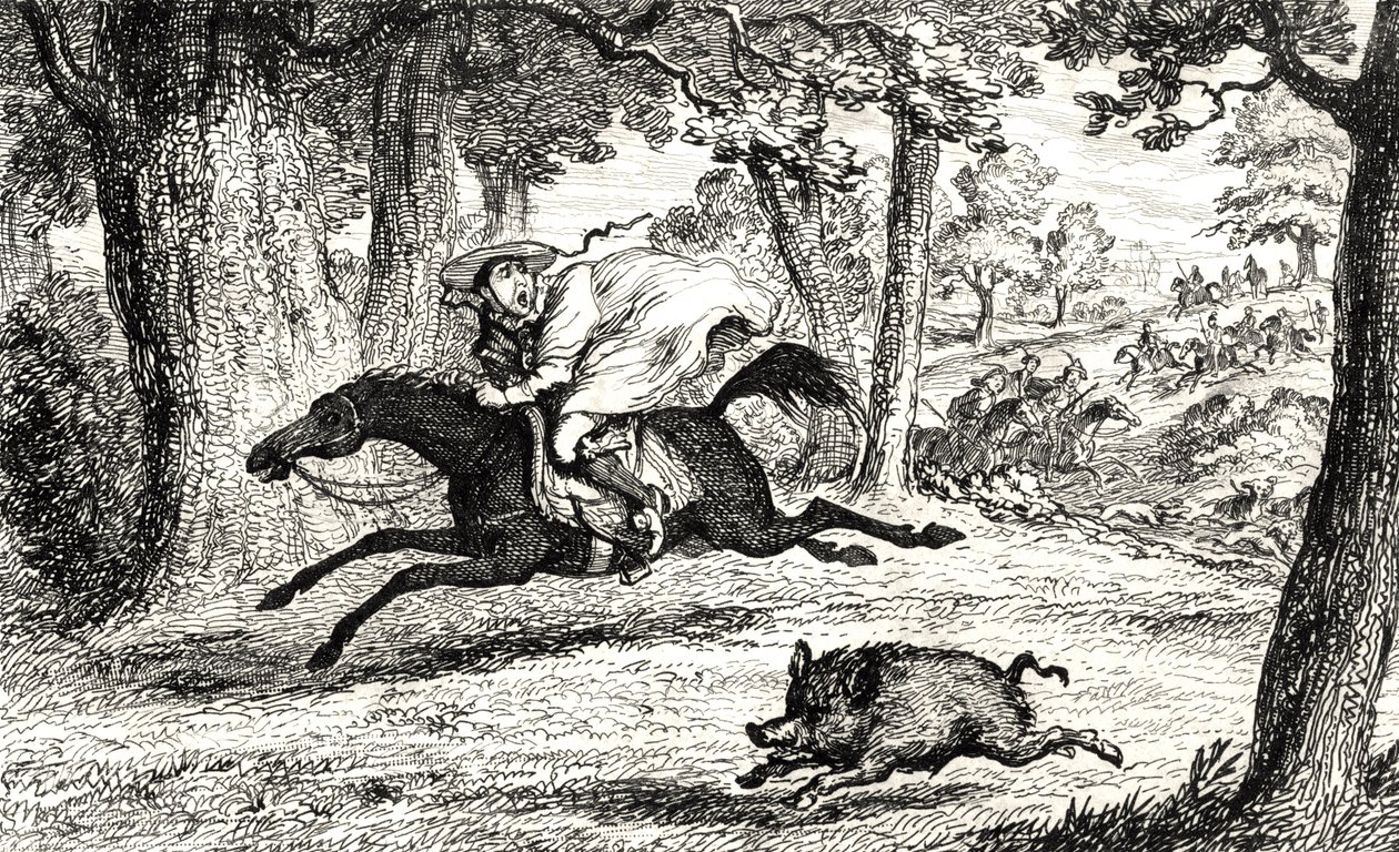 Kardinal John of Belue jagar en vildsvin, illustration från 