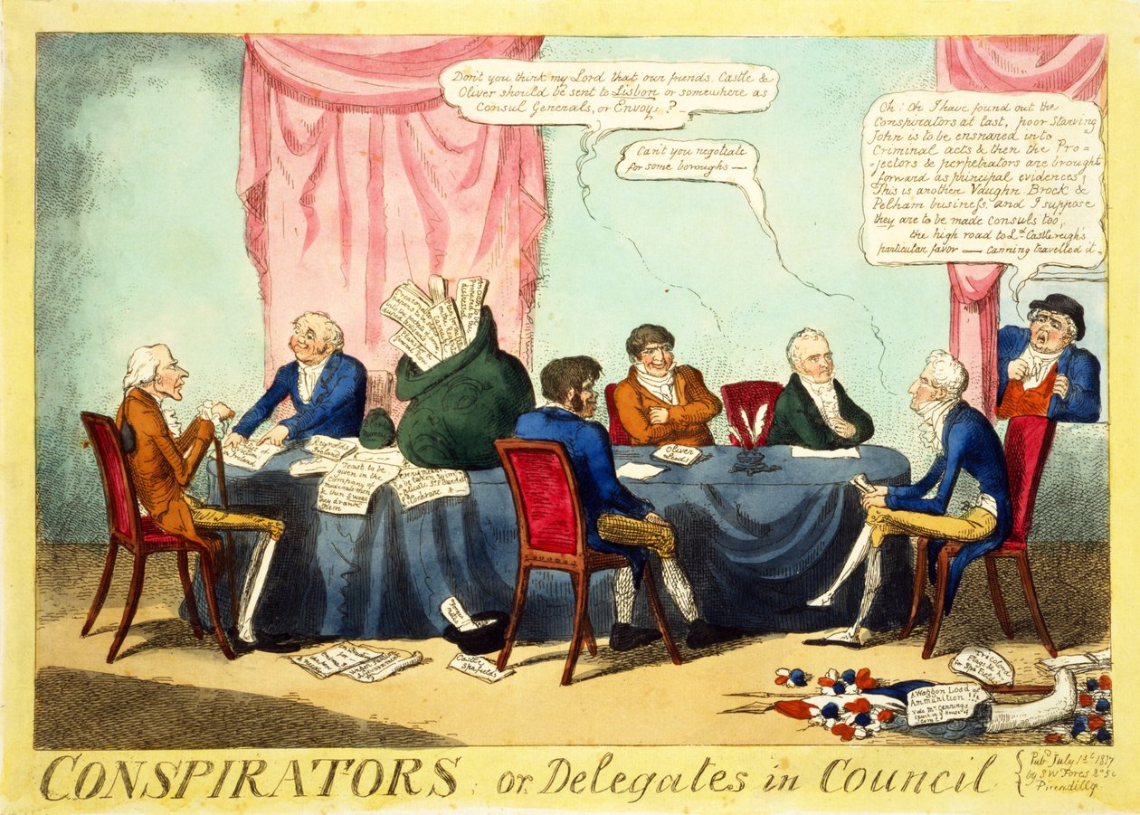 Konspiratörer eller delegater i rådet, 1817 (handfärgad gravyr) av George Cruikshank