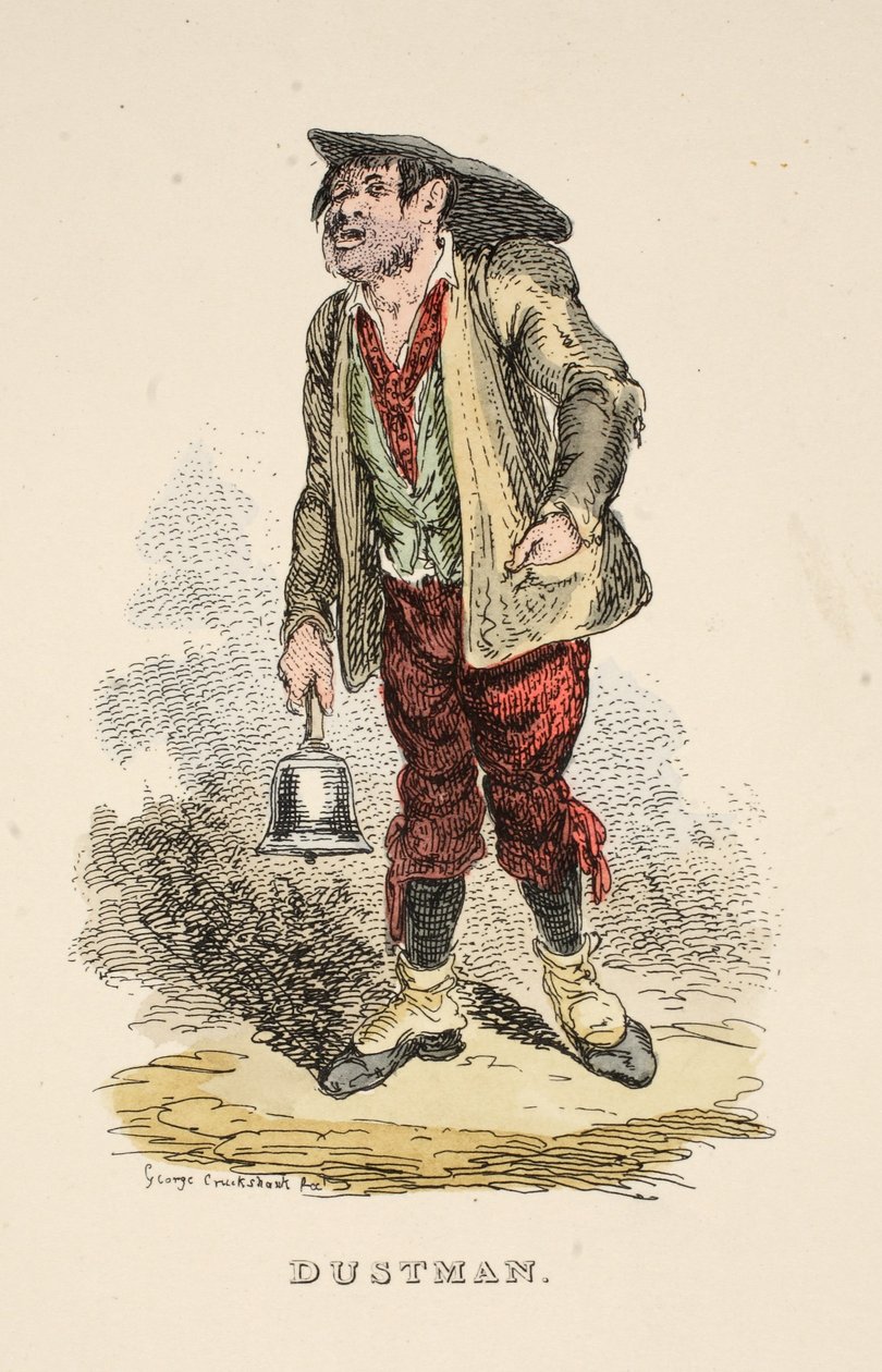 Dustman, från The Gentlemans Pocket Magazine, pub. 1827 (handkolorerat gravyr) av George Cruikshank
