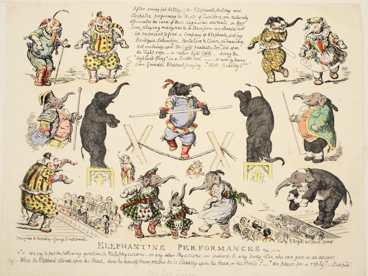 Elephantine Performances, publicerad omkring 1854 (handkolorerad etsning) av George Cruikshank