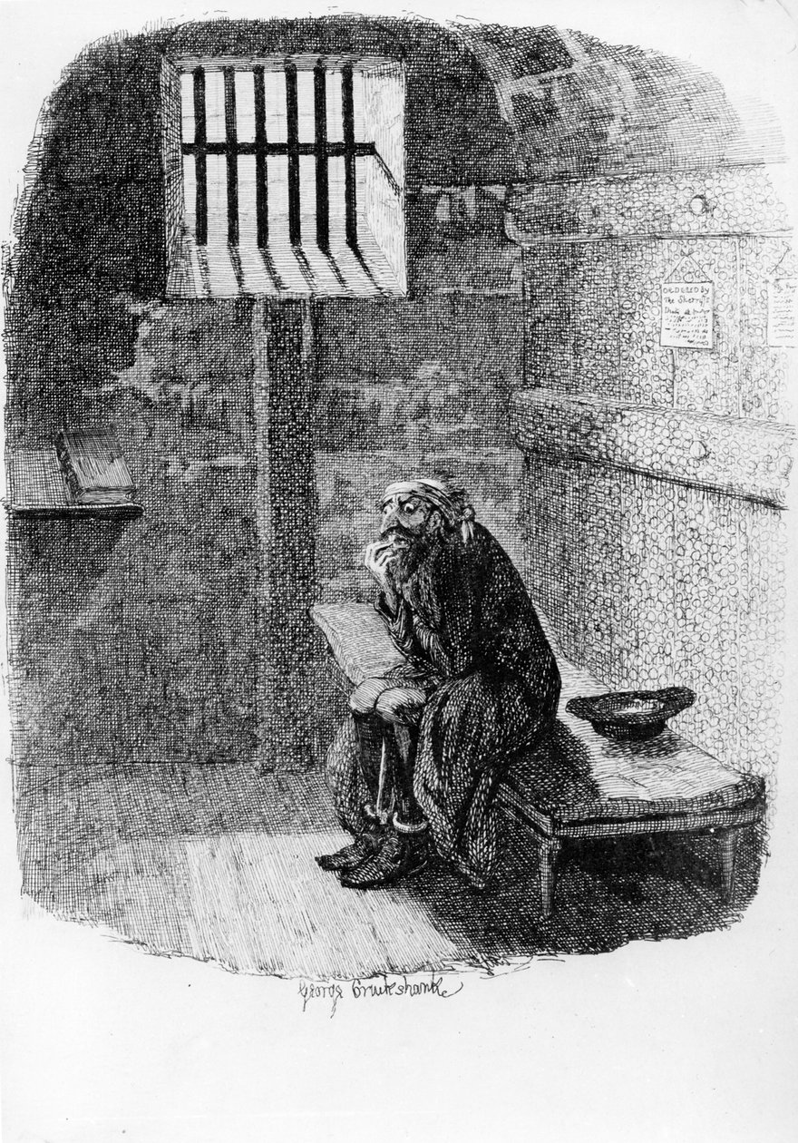 Fagin i den dömda cellen, illustration från "Oliver Twist" av Charles Dickens, 1838 av George Cruikshank