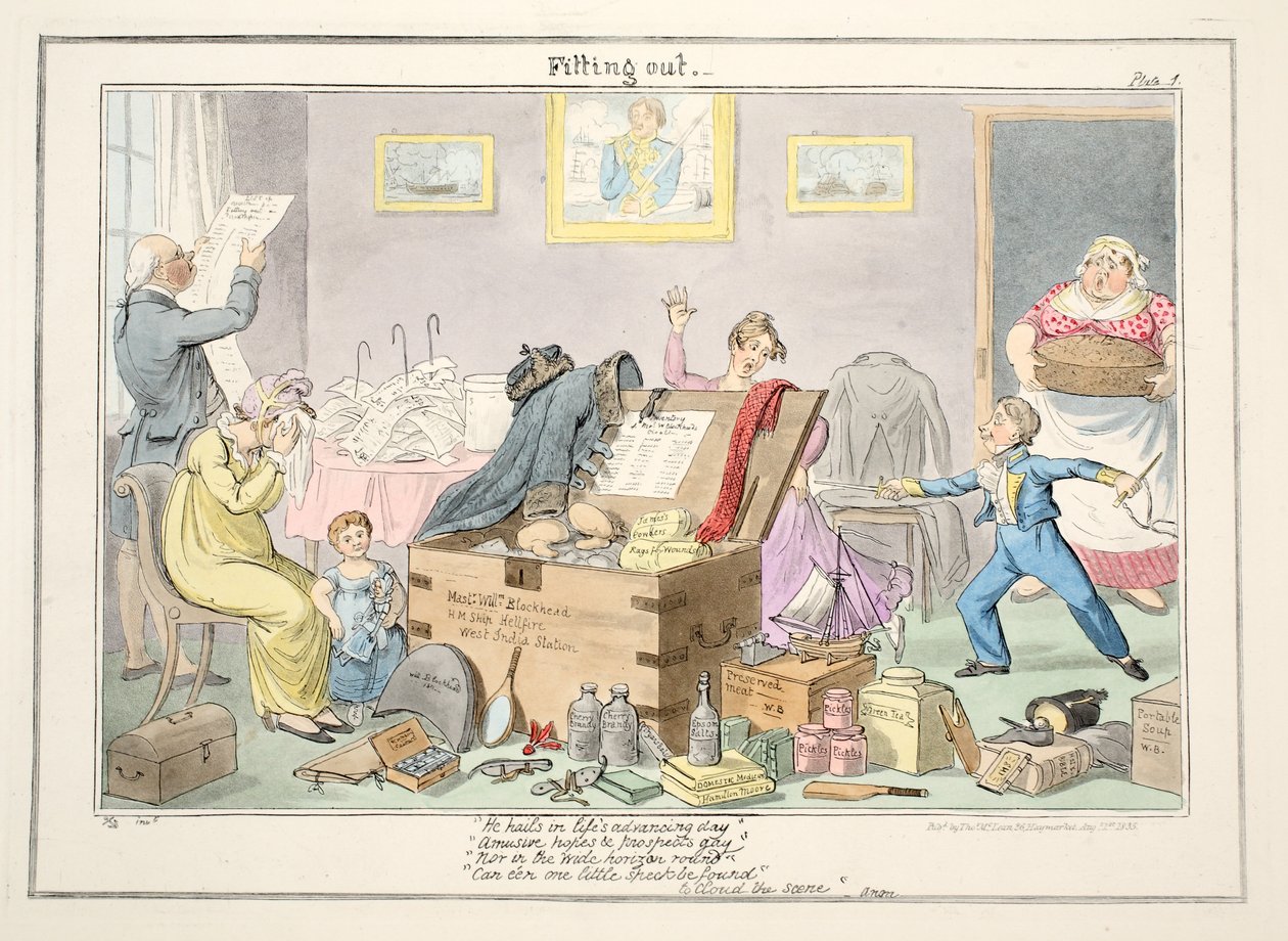 Utrustning, från The Progress of a Midshipman, 1835 (handkolorerat gravyr) av George Cruikshank