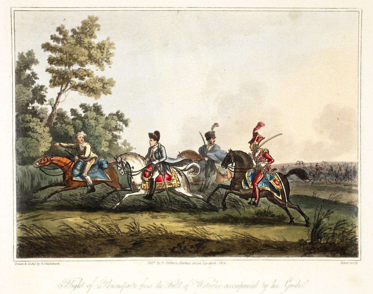 Flight of Buonaparte från fältet Waterloo åtföljd av sin guide, engr Rouse, puben H. Colburn, 1816 av George Cruikshank