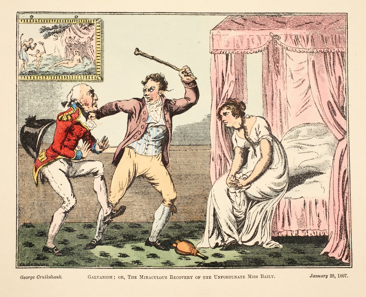 Galvanism; eller Miraculous Recovery of the Unfortunate Miss Bailey, pub. 1807 (handfärgad gravyr) av George Cruikshank
