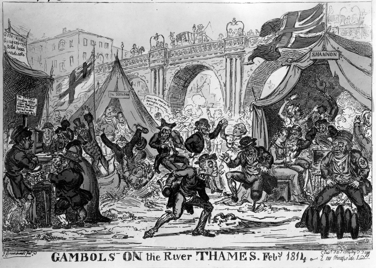 Gambols på Themsen, 1814 (handfärgad etsning) av George Cruikshank