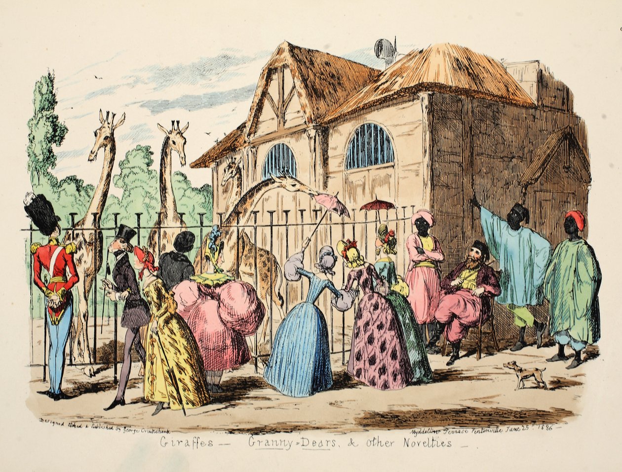 Giraffer - Granny Dears and Other Novelties, pub. 1886 (handfärgad gravyr) av George Cruikshank