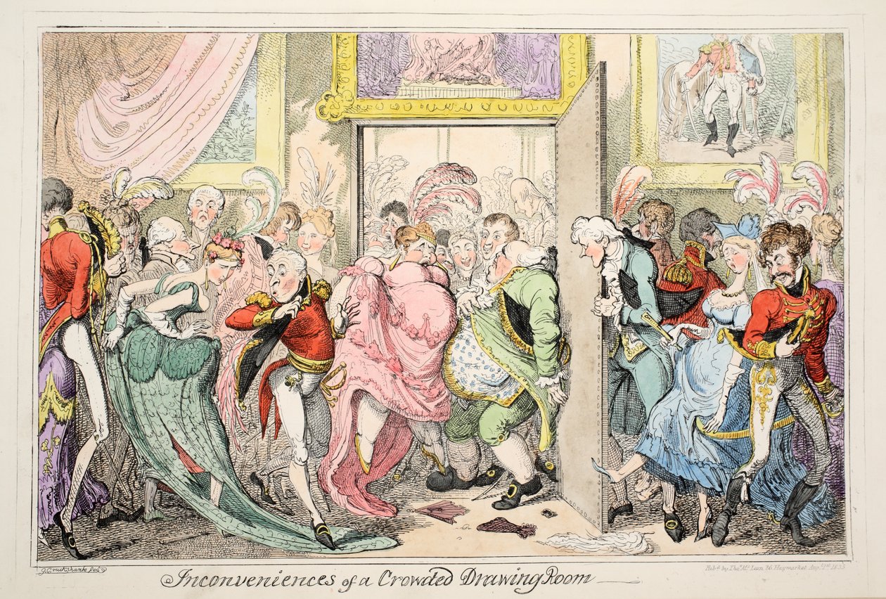 Besvär med en trång salongen, pub. 1835 (handfärgad etsning) av George Cruikshank