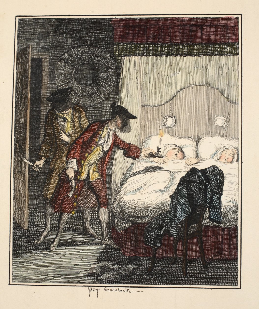Jack Sheppard & Blueskin i Mr. Woods sovrum, illustration från Jack Sheppard: A Romance av William Harrison Ainsworth, publicerad 1839 (handfärgad etsning) av George Cruikshank