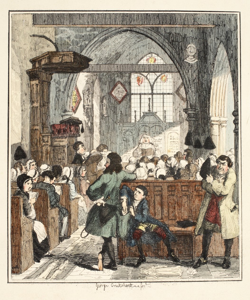 Jack Sheppard begår ett rån i Willesden Church, illustration från Jack Sheppard: A Romance av William Harrison Ainsworth, publicerad 1839 (handkolorerad etsning). av George Cruikshank