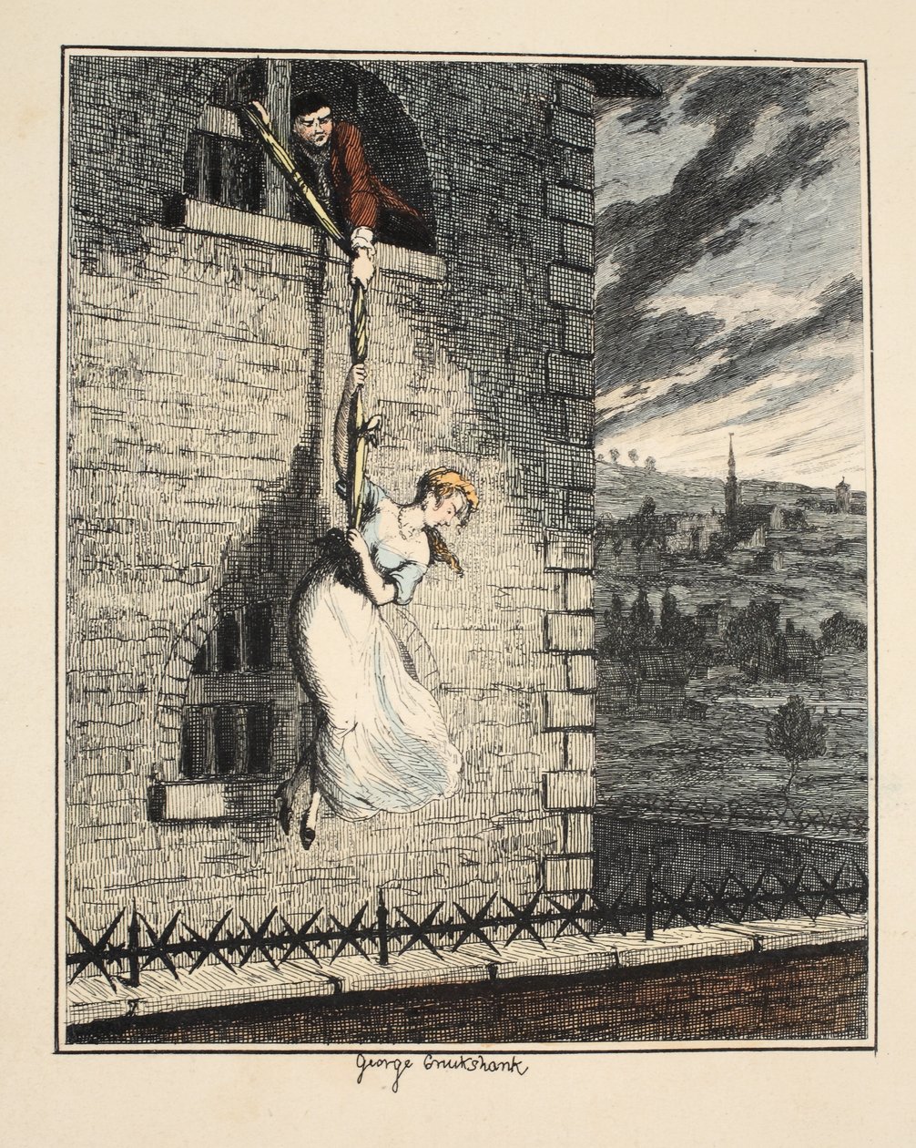 Jack Sheppard i sällskap med Edgeworth Bess, flyr från Clerkenwell Prison, illustration från Jack Sheppard: A Romance av William Harrison Ainsworth, publicerad 1839 (handfärgad etsning) av George Cruikshank
