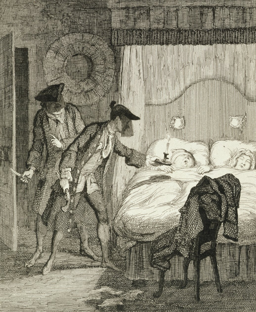Jack och hans medbrottsling Blueskin rånar Mr Wood och hans fru i deras sovrum, illustration från "Jack Sheppard: A Romance" av William Harrison Ainsworth, publicerad 1839 av George Cruikshank