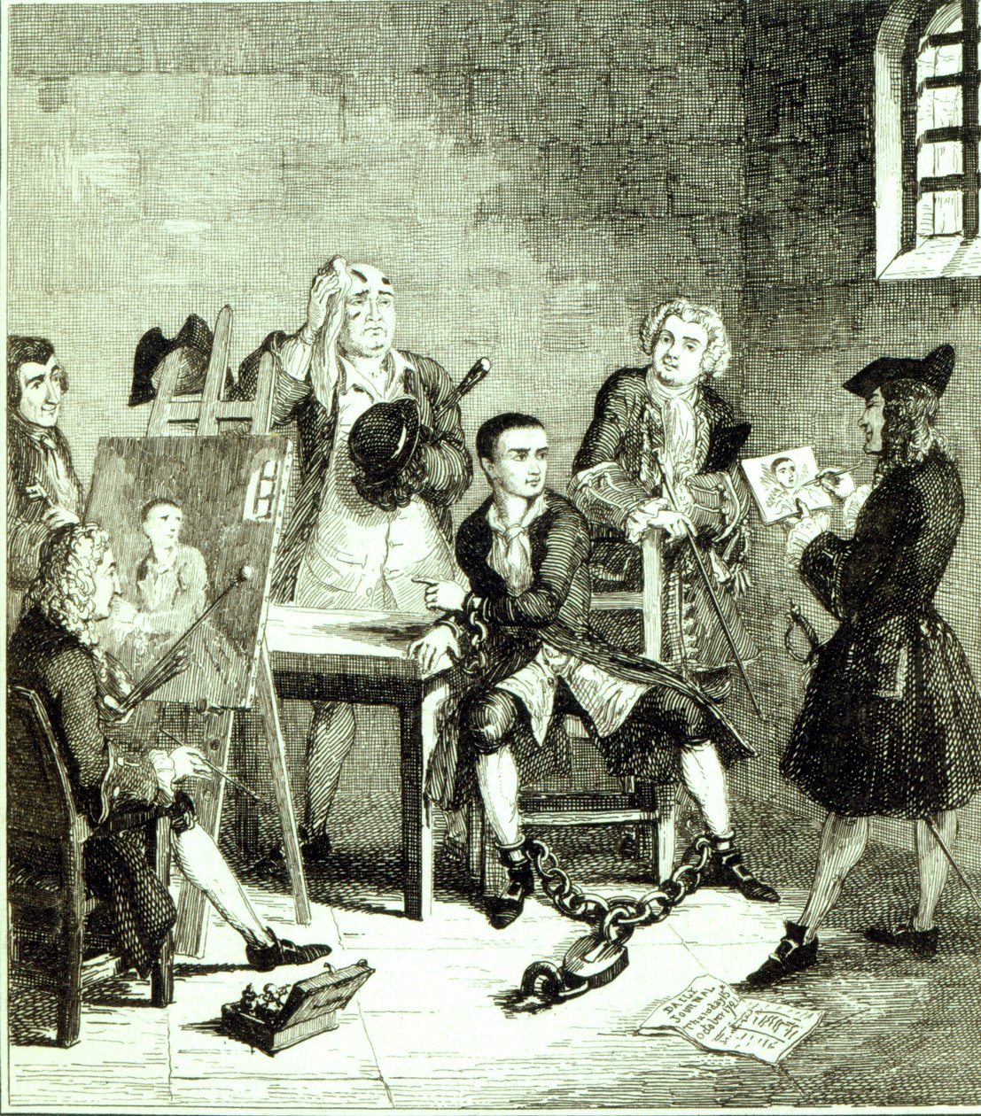 Jack i Newgate Ward med porträtt tagna av Sir James Thornhill och William Hogarth, illustration från "Jack Sheppard: A Romance" av William Harrison Ainsworth, publicerad 1839. av George Cruikshank