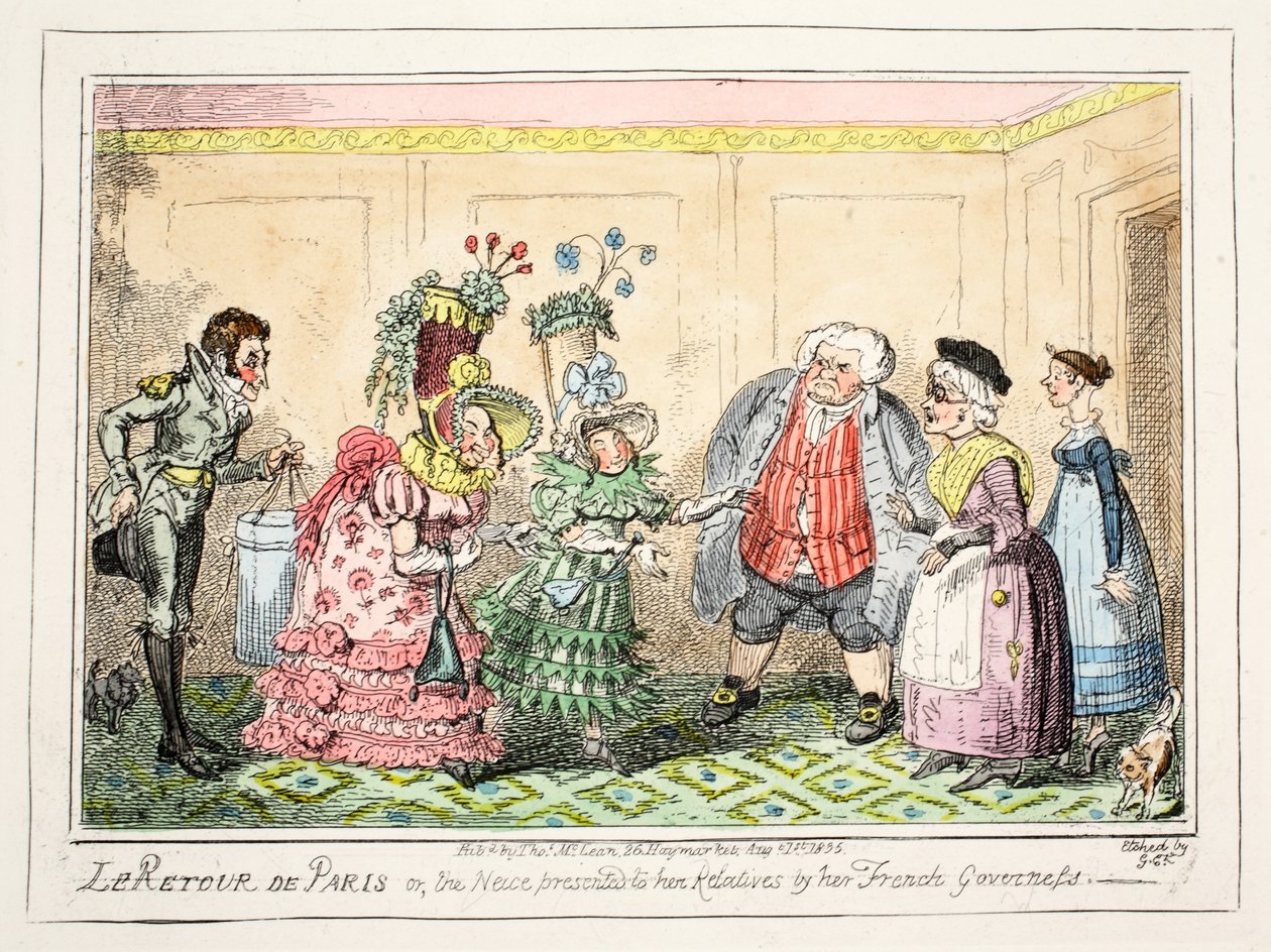 Le Retour de Paris, eller Niece som presenteras för sina släktingar av sin franska guvernant, pub. 1835 (handkolorerad etsning) av George Cruikshank