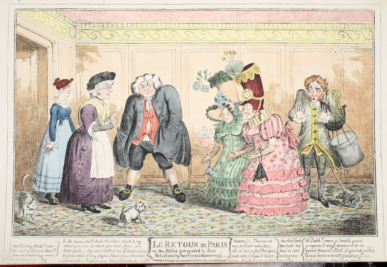Le Retour de Paris, eller brorsdottern som presenterades för sina släktingar av hennes franska guvernant, 1816 (handfärgad gravyr) av George Cruikshank
