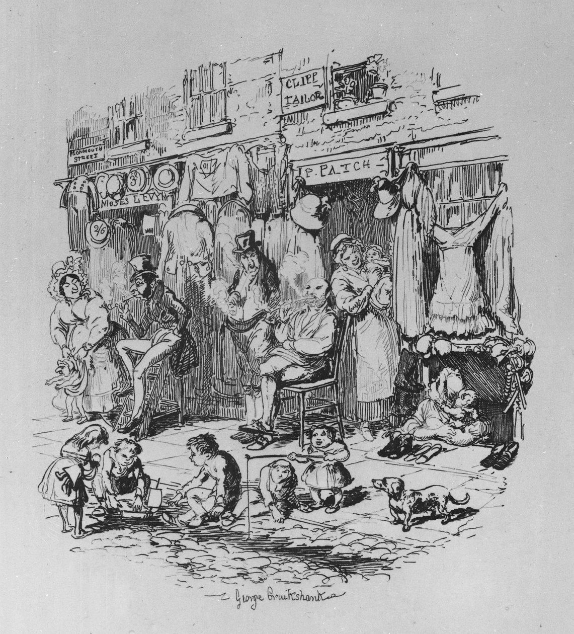 Monmouth Street, illustration från "Sketches by Boz" av Charles Dickens, 1836 av George Cruikshank