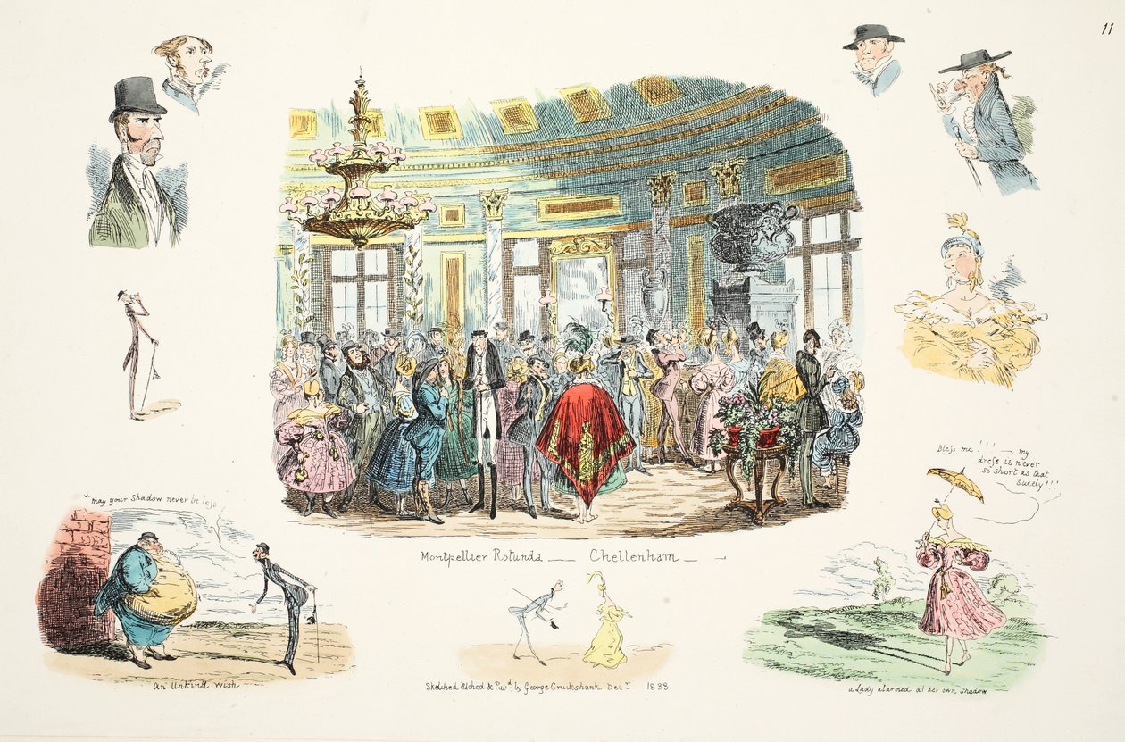 Montpellier Rotunda, Cheltenham, pub. 1833 (handfärgad etsning) av George Cruikshank