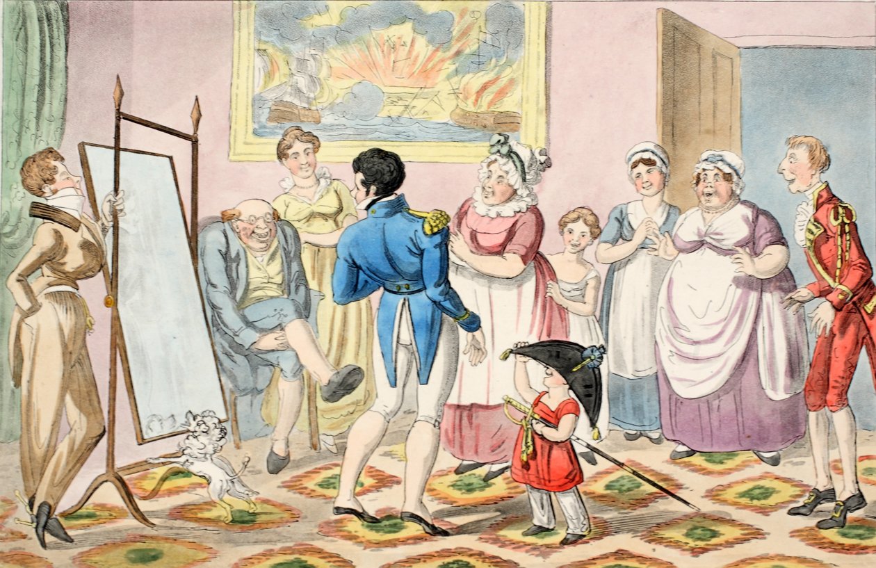 Mr. B befordrad till löjtnant, och först klädd i sin uniform, från The Progress of a Midshipman, pub. 1835 (handfärgad gravyr) av George Cruikshank