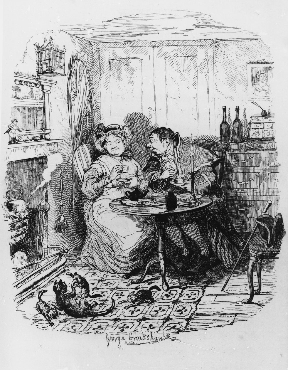 Mr Bumble och Mrs Corney tar te, från "Oliver Twists äventyr" av Charles Dickens (1812-70) 1838 av George Cruikshank
