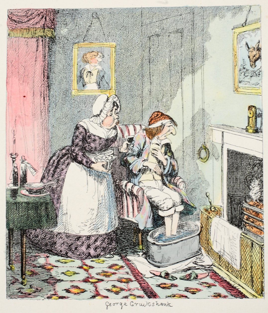 Mr Lambkin måste ammas, och för att gå igenom en regelbunden medicinkur, ta många bittra piller och kräva alla söta övertalningsförmåga av Mrs Slope att ta är regelbundna doser av det hemska. av George Cruikshank