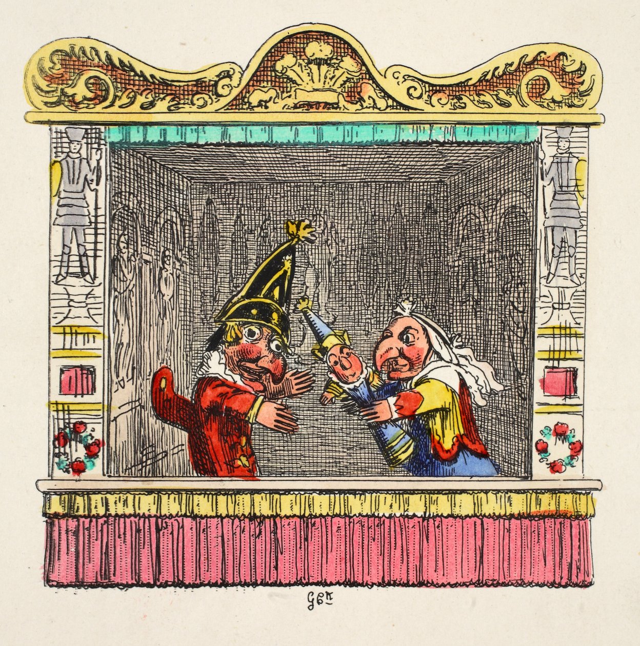 Punch and Judy with the Child från "Punch and Judy", pub. 1827 (handfärgad gravyr) av George Cruikshank