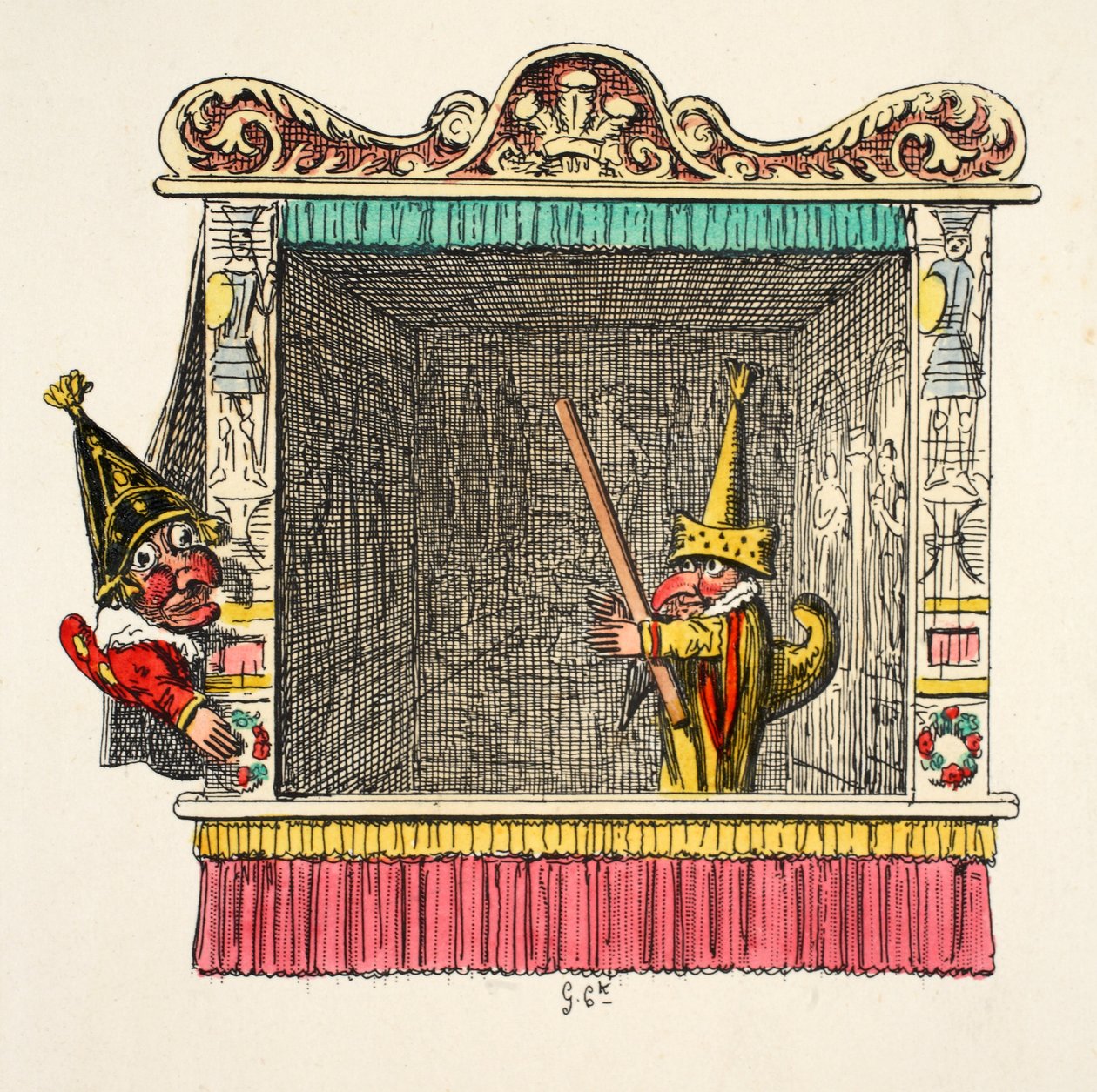 Punch and Scaramouch från "Punch and Judy", pub. 1827 (handfärgad gravyr) av George Cruikshank