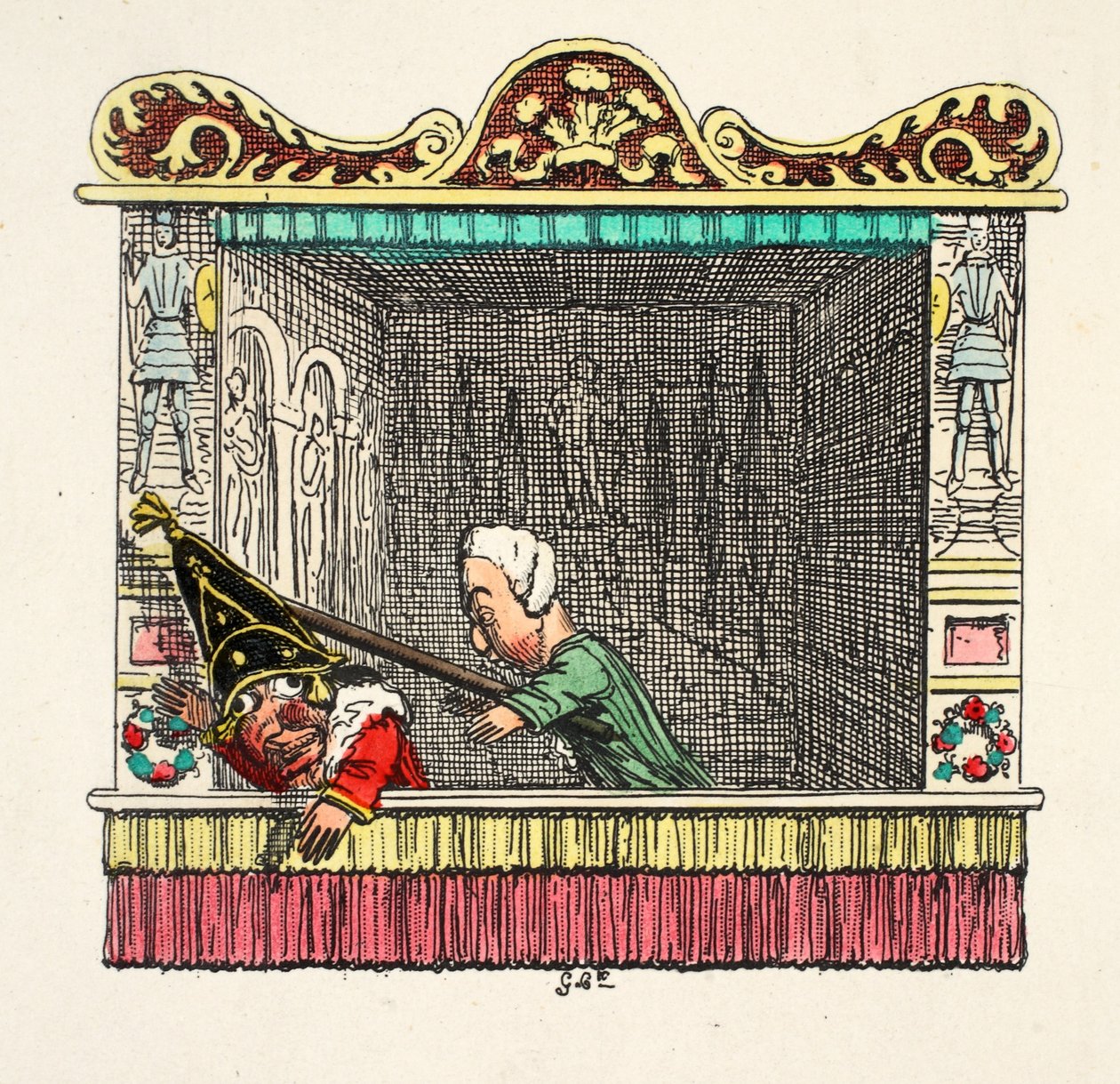 Punch blir slagen bakifrån av doktorn i "Punch and Judy", pub. 1827 (handkolorerat gravyr) av George Cruikshank