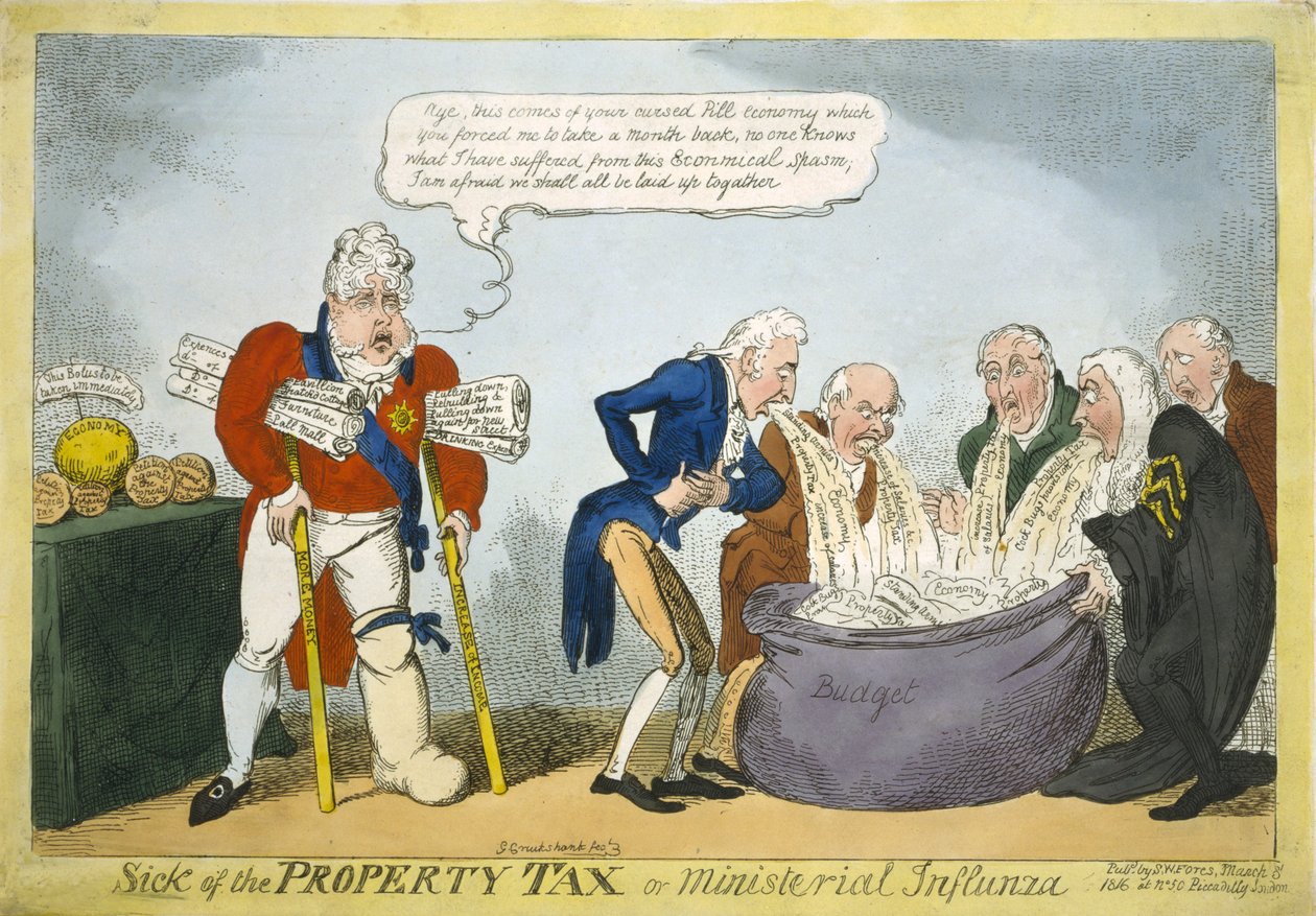 Sjuk av fastighetsskatt eller ministerinfluensa, 1816 (handfärgad etsning) av George Cruikshank