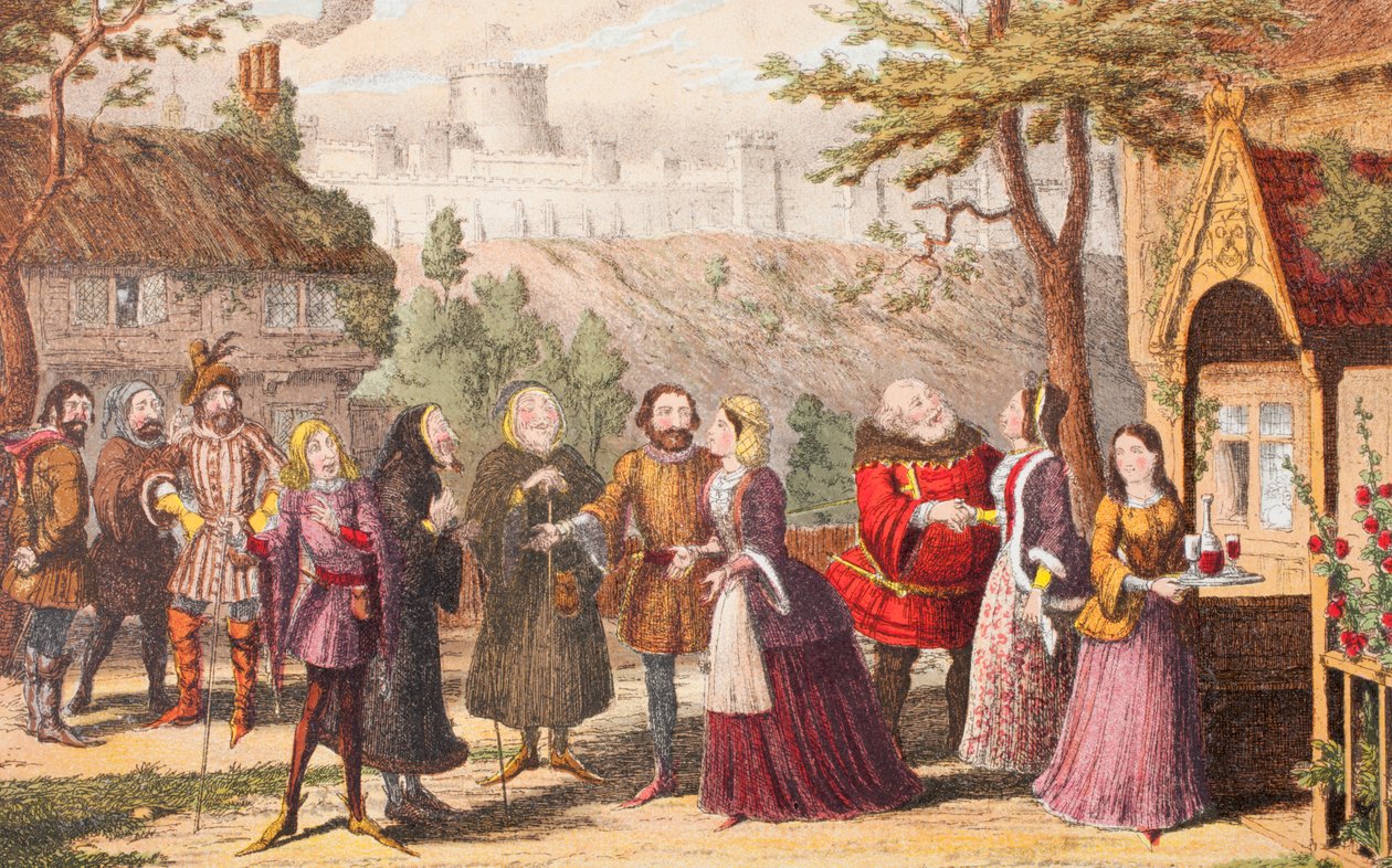Sir John Falstaff på besök hos sin vän Page i Windsor, illustration från The Merry Wives of Windsor, från 
