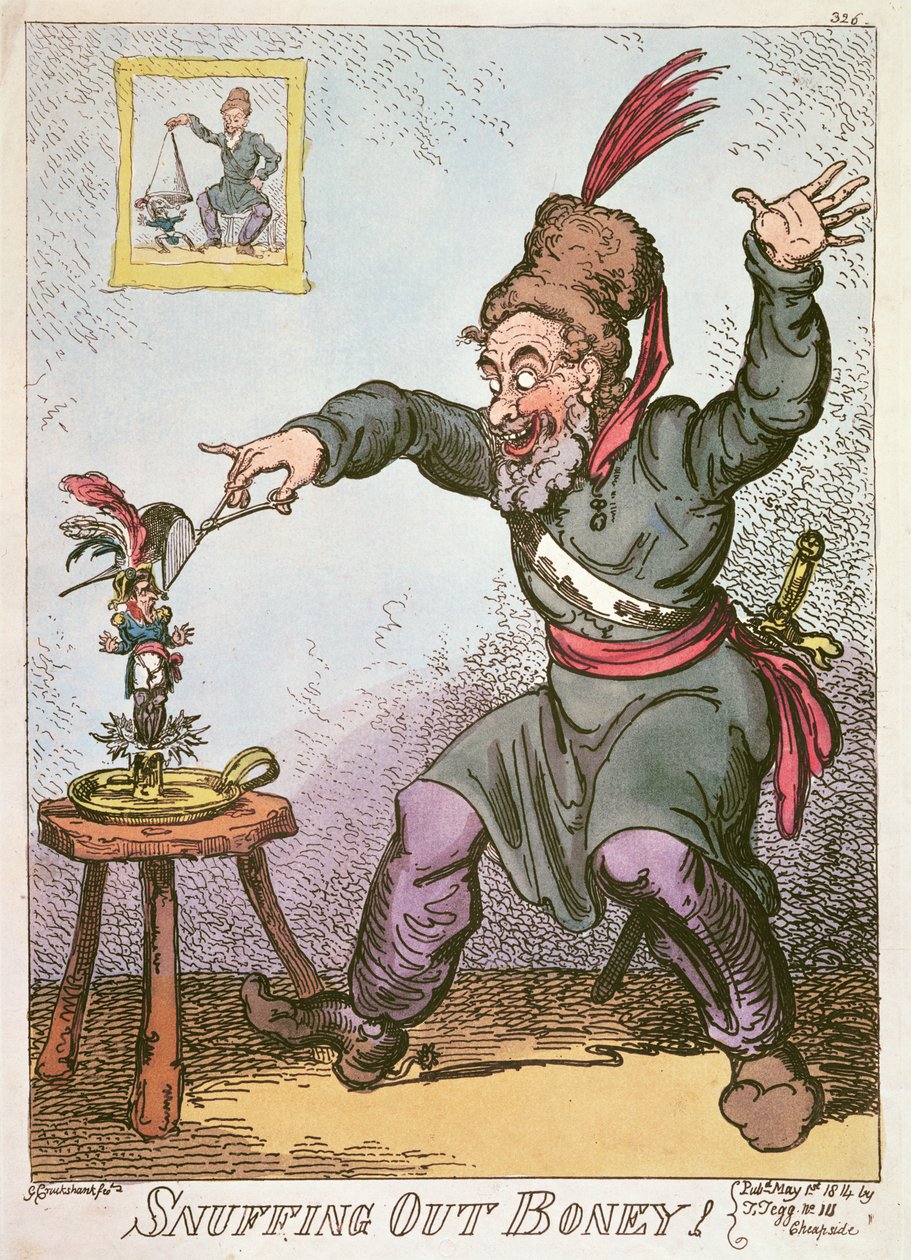Snuffing out Boney, 1814 (färgad litografi) av George Cruikshank