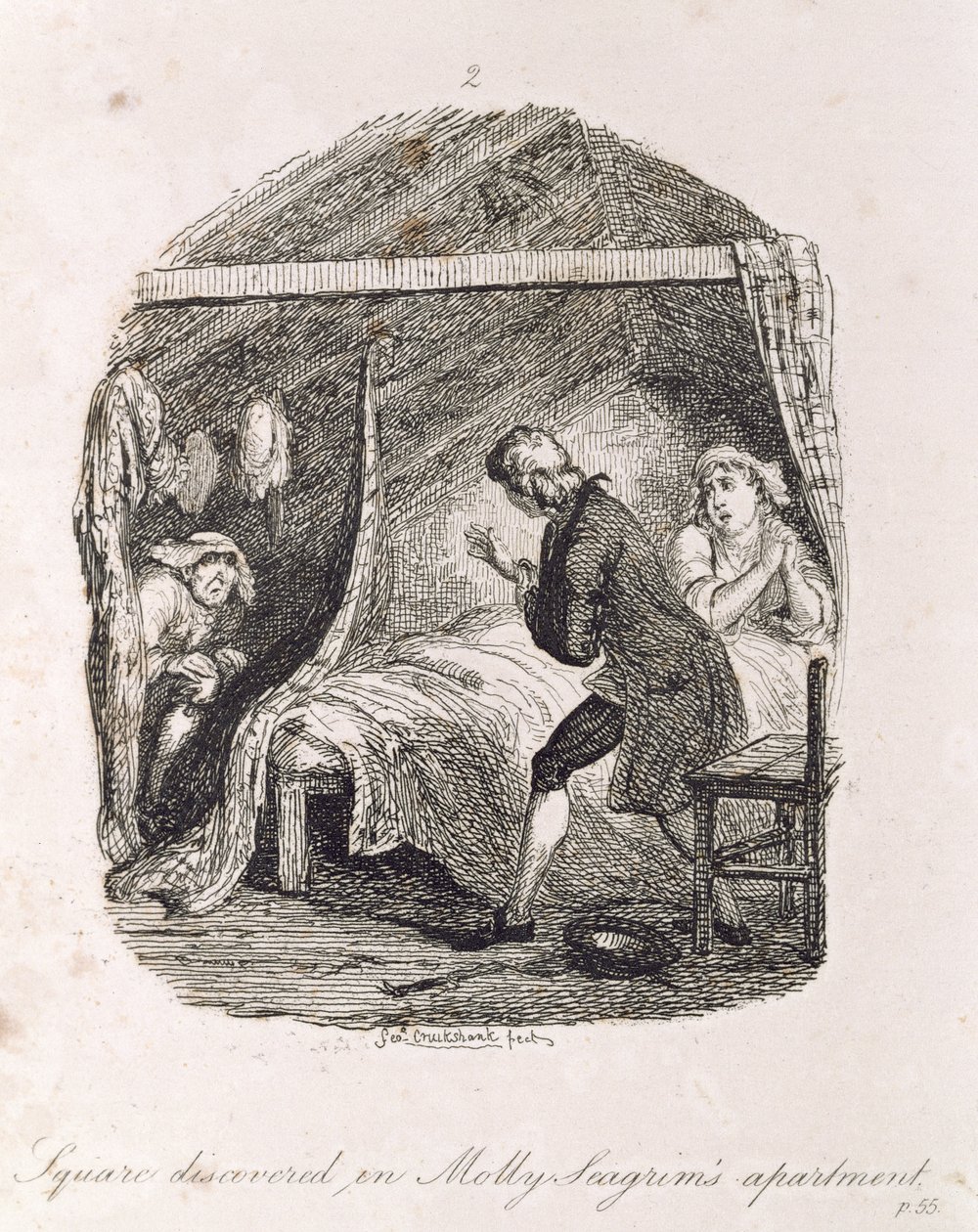 Square upptäckt i Molly Seagrims lägenhet, från "Tom Jones, the History of a Foundling", graverad av konstnären, illustration från "The Works of Henry Fielding", pub. av Henry G. Bohn, 1853 (eng av George Cruikshank