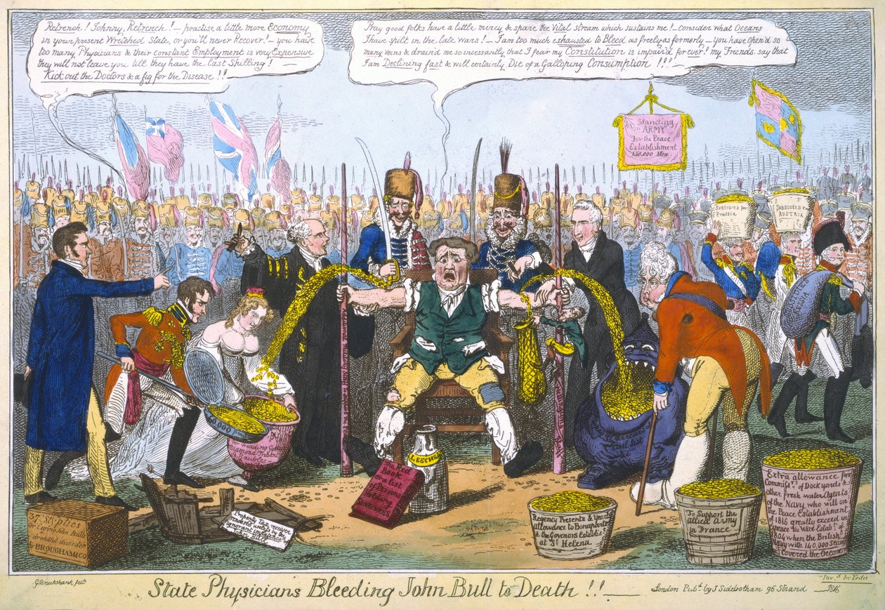 Statens läkare som blöder John Bull till döds!!, 1816 (handfärgad gravyr) av George Cruikshank