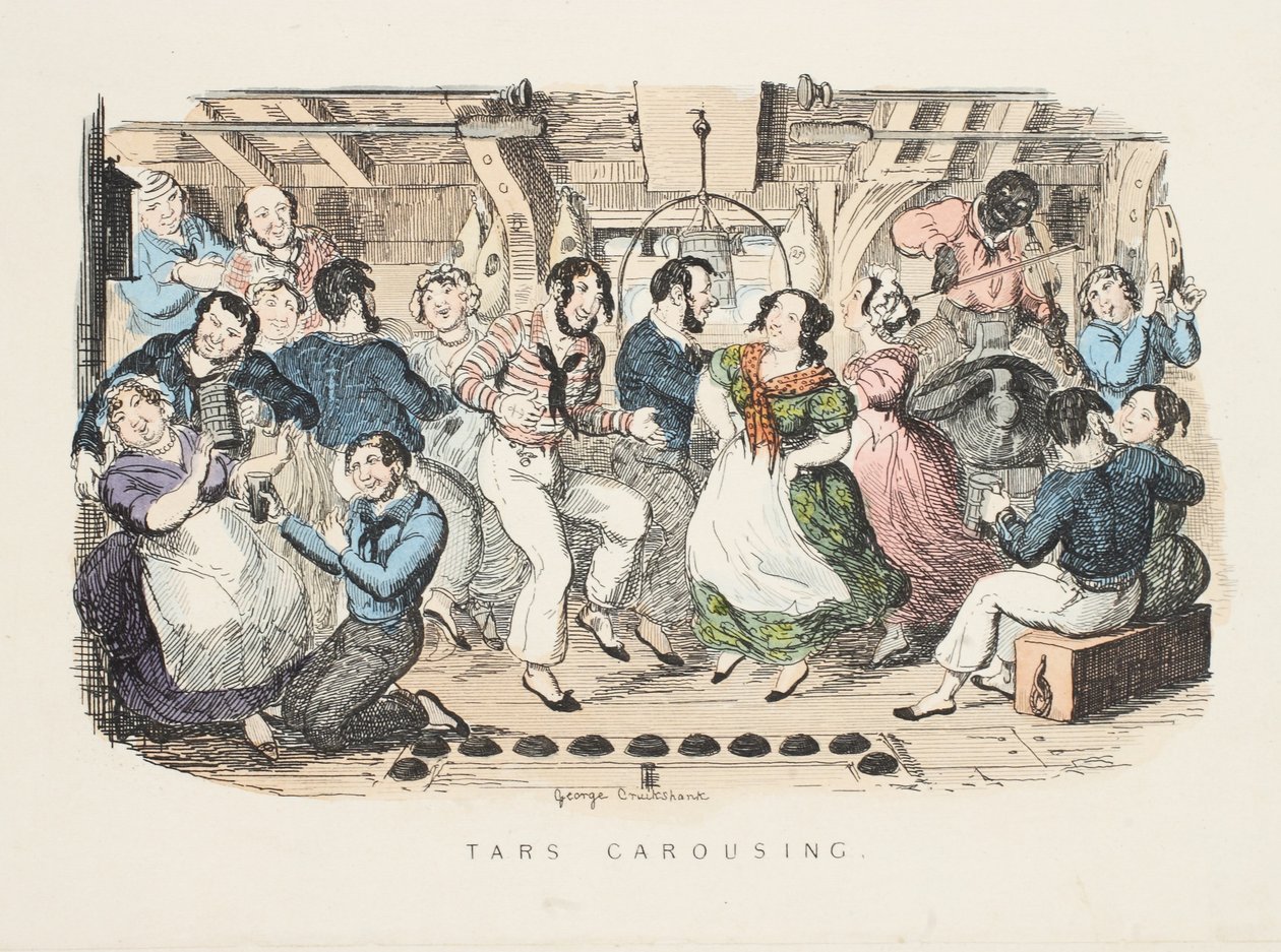 Tars Carousing, från "Songs, Naval and National: Of the Late Charles Dibdin", pub. 1841 (handkolorerat gravyr) av George Cruikshank