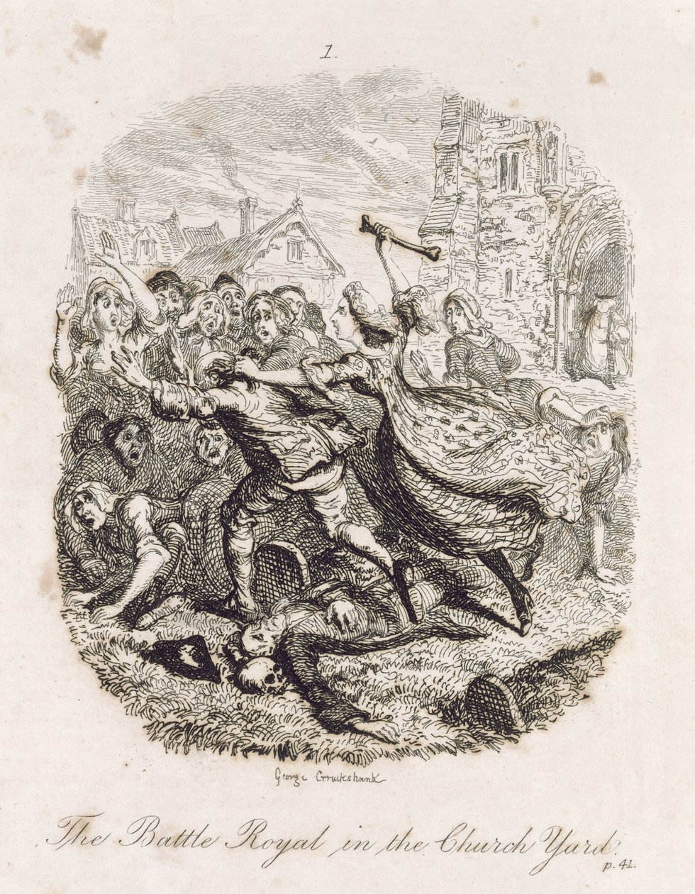 Battle Royal i kyrkogården, från "Tom Jones, historien om en fyndling", graverad av konstnären, illustration från "The Works of Henry Fielding", pub. av Henry G. Bohn, 1853 av George Cruikshank