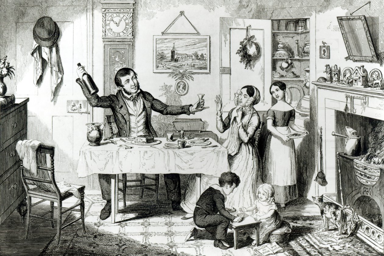 Flaskan, platta I, Flaskan tillverkas för första gången: mannen uppmanar sin hustru att "ta en droppe", 1847, av George Cruikshank