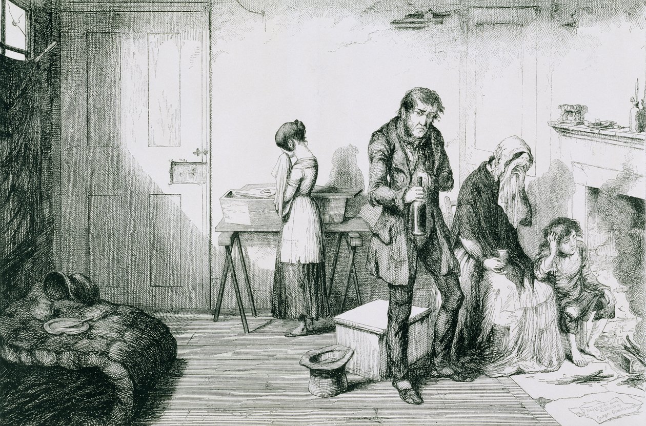 The Bottle, Plate V, Cold, misär och nöd förstör deras yngsta barn: de tröstar sig med flaskan, 1847 av George Cruikshank