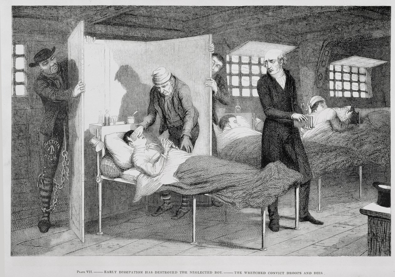 Pojken dör på transportskeppet, skylt 7 av "Drunkardens barn", 1848 av George Cruikshank