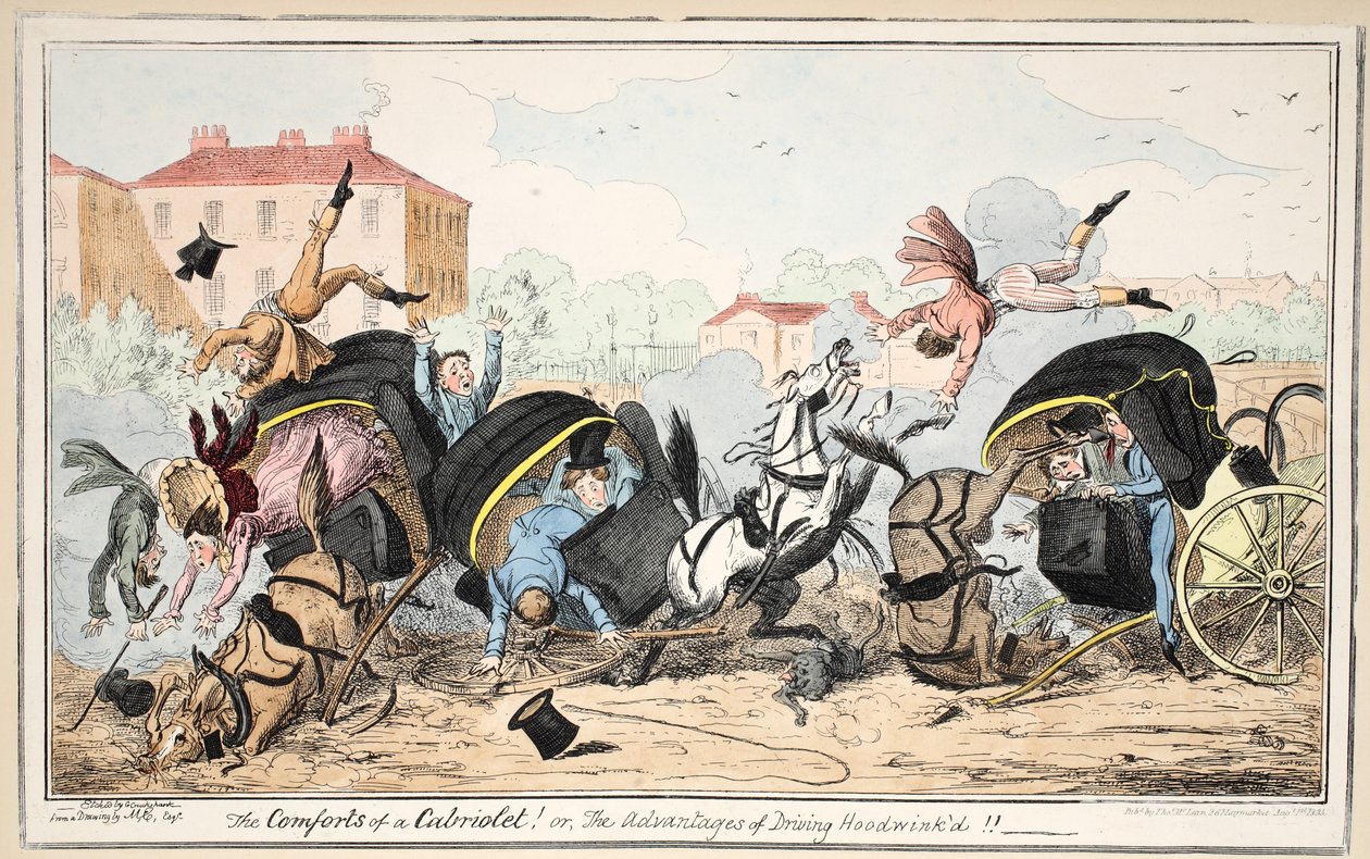 Bekvämligheterna i en cabriolet - eller - Fördelarna med att köra Hoodwinkd, pub. 1835 (handkolorerad gravyr) av George Cruikshank