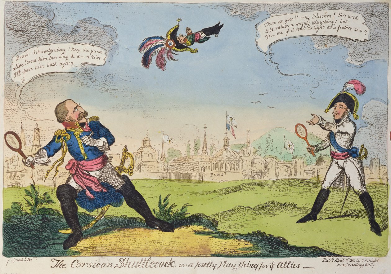 The Corsican Shuttlecock, 1814 (färgad litografi) av George Cruikshank