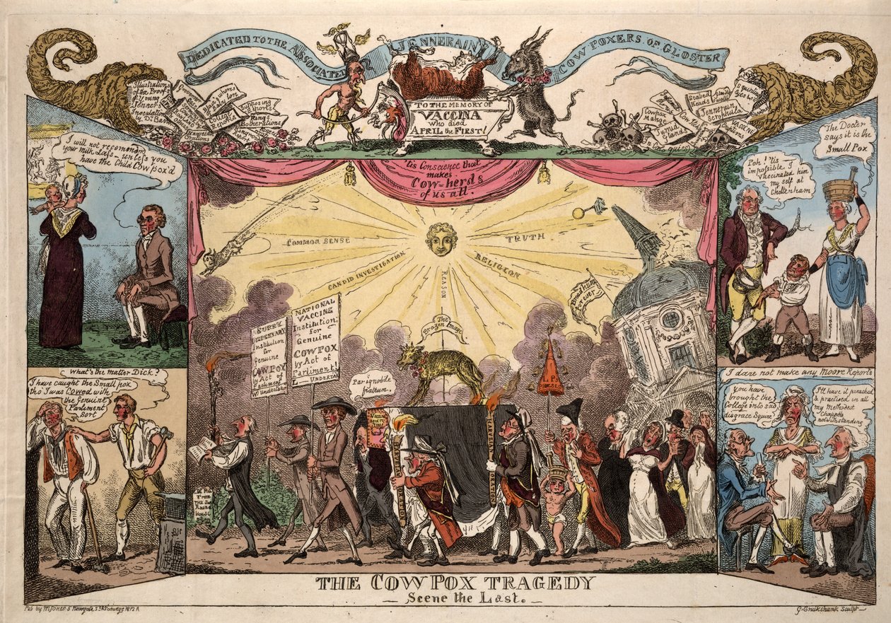The Cow Pox Tragedy - Scen The Last, pub. London, 1812 (handfärgad gravyr) av George Cruikshank