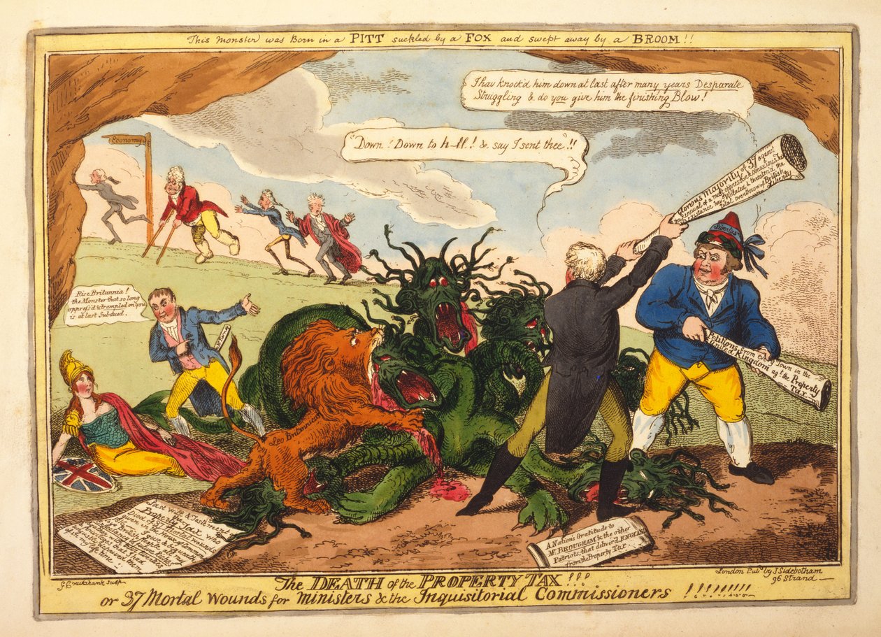 Fastighetsskattens död!! eller 37 dödliga sår för ministrar och inkvisitionskommissionärerna, pub. 1816 (handfärgad gravyr) av George Cruikshank