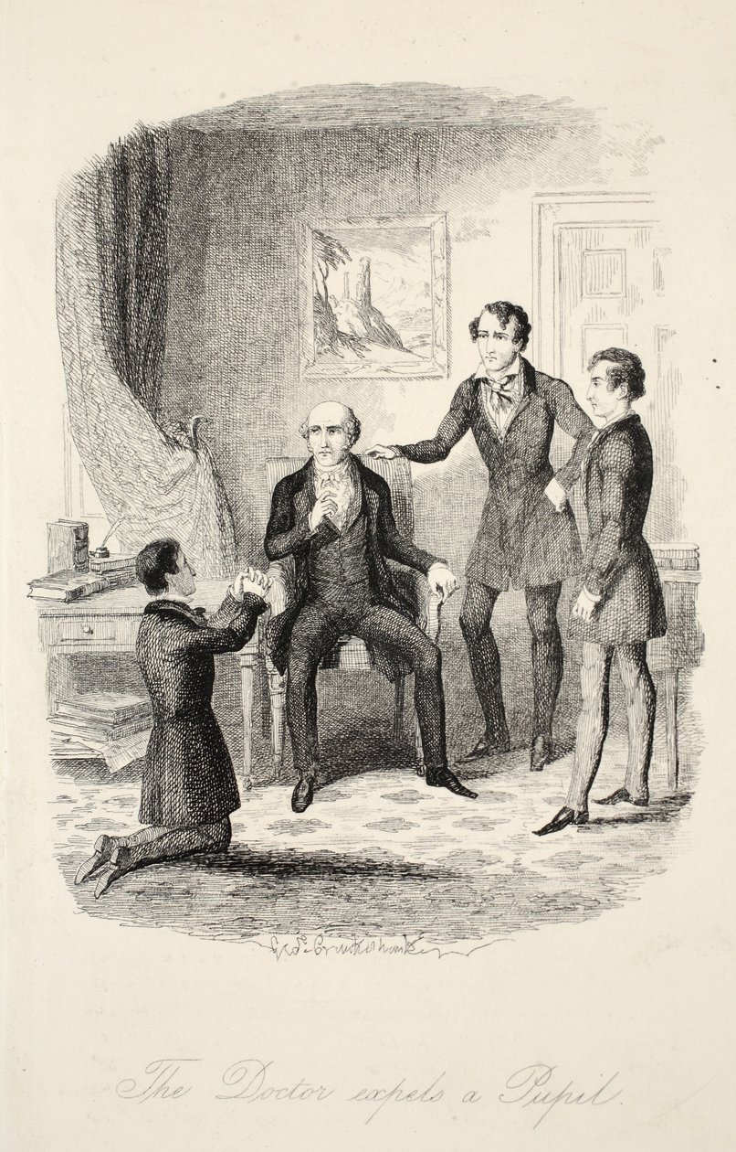 Doktorn utvisar en elev, från Frank Fairleigh eller Scenes From the Life of a Private Pupil, pub. c.1870 av George Cruikshank